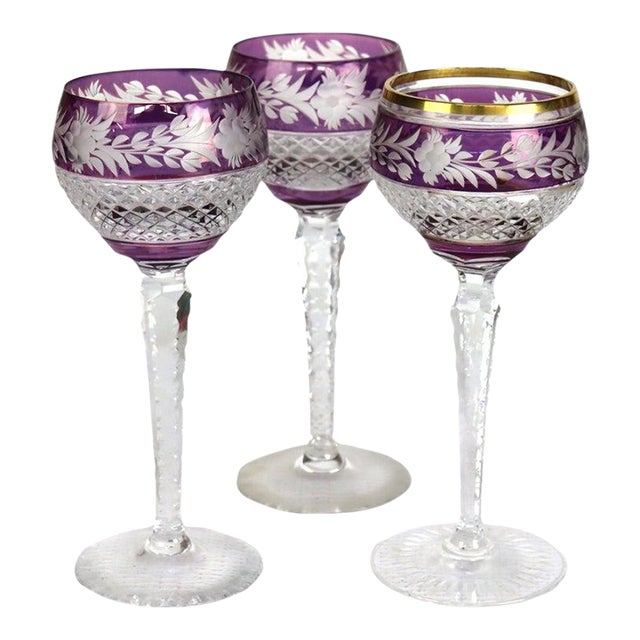 Antique Bohemian Amethyst Floral Cut to Clear Crystal Stemmed Wine Goblets - Set of 3 For Sale