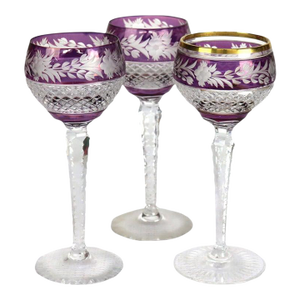 Antique Bohemian Amethyst Floral Cut to Clear Crystal Stemmed Wine Goblets - Set of 3