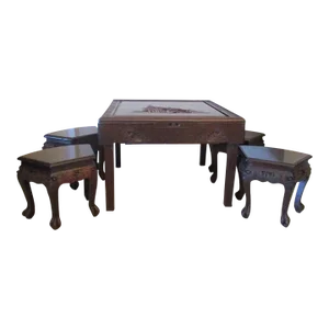 1920s Antique Chinese Hand Carved Rosewood Square Folding Game Table and Stools - 5 Piece Set