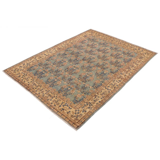 Contemporary 1980s Boho Chic Low Pile Lt. Blue/Tan Wool Rug - 8'11" X 11'9" For Sale - Image 3 of 9