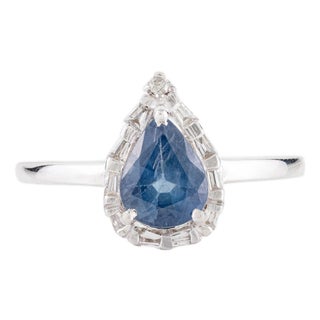 14k Gold 1ct Pear Shape Blue Sapphire Diamond Halo Art Deco Ring Size 8 For Sale