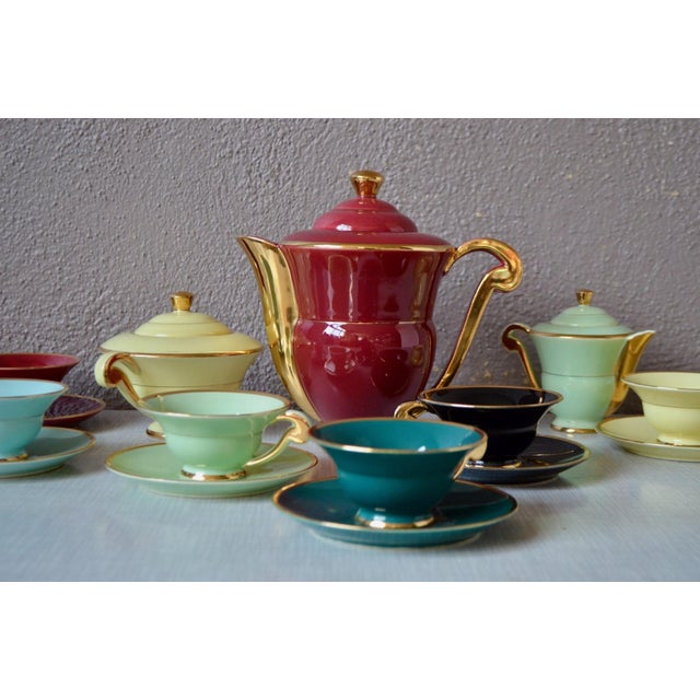1940s Art Deco Harlequin Coffee Service in Colored and Gilded Porcelain, 1940s, Set of 15 For Sale - Image 5 of 18