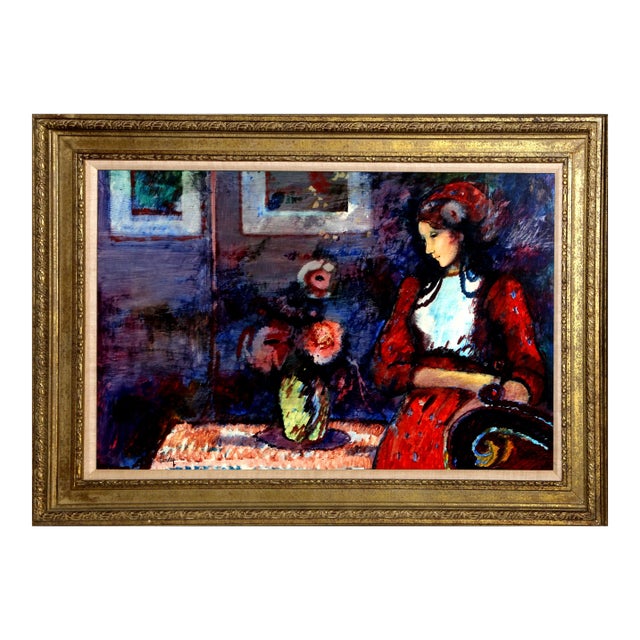 Donald Roy Purdy, Lady in Red, Framed Oil on Masonite For Sale