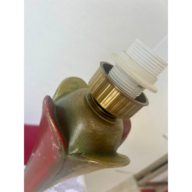 Ceramic lamp, handcrafted and hand-painted in the 1960s, with original brass details. Its bud-like shape, with green,...