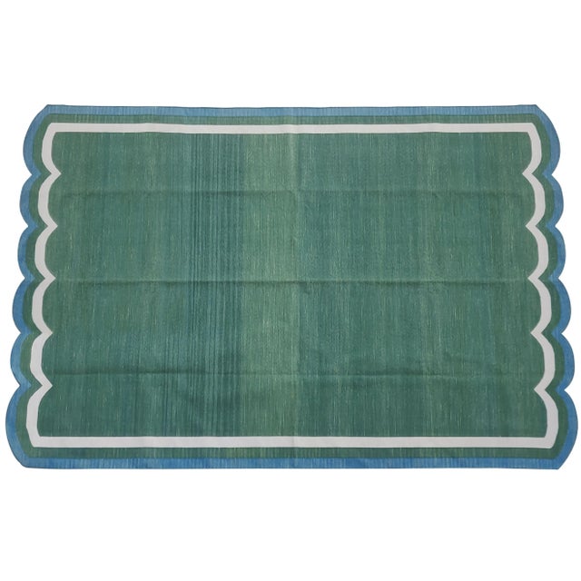 Forest Green Handmade Cotton Scalloped Rug, Forest Green with Cream and Blue Trim - 6'x9' For Sale - Image 8 of 8