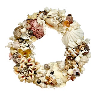 Vintage 1980s Coastal Boho Chic Seashell Encrusted Wreath For Sale