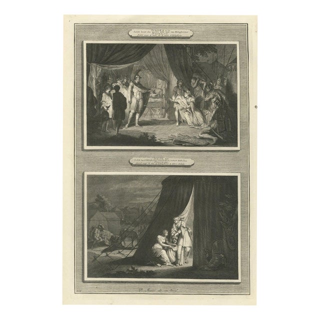 Pieter Mortier, Judith Before Holofernes and Judith Beheads Holofernes, 1700, Engraving For Sale
