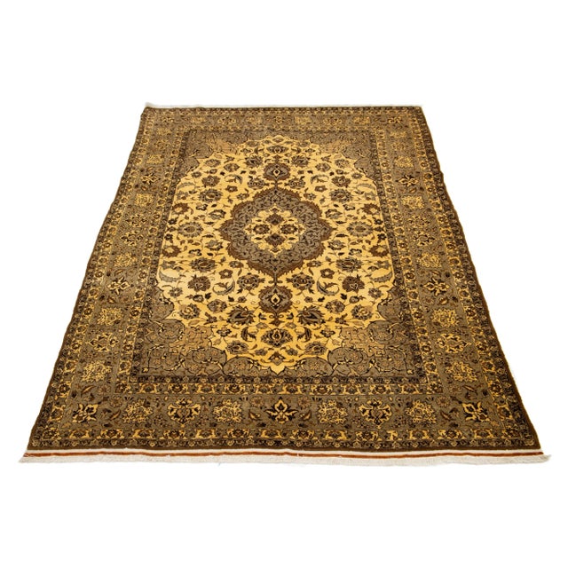 Persian 7 X 11 Vintage Handmade Tabriz Wool Rug in Yellow With Medallion Design For Sale - Image 3 of 10