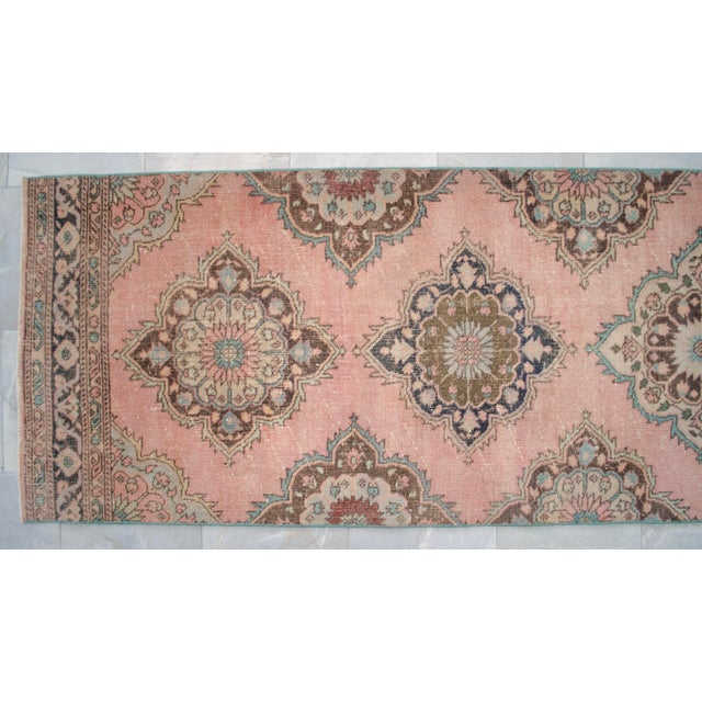 Pink Distressed Oushak Runner Rug Faded Colors Low Pile Pink Hallway Decor - 3'1″x 12'5″ For Sale - Image 8 of 12