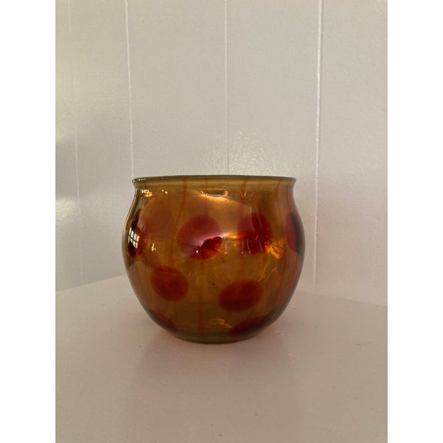 Glass Vintage Amber With Red Polkadot MCM Art Glass Rose Bowl For Sale - Image 7 of 7