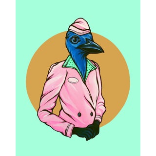 Pllow and Blanket by Kaitlin Ziesmer | Acryla gouache on paper of a bird in a pink suit For Sale