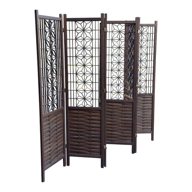 Vintage Japanese Mid-Century Modern Teak Shoji Six-Panel Folding Room Divider | Kumiko | 1960 For Sale