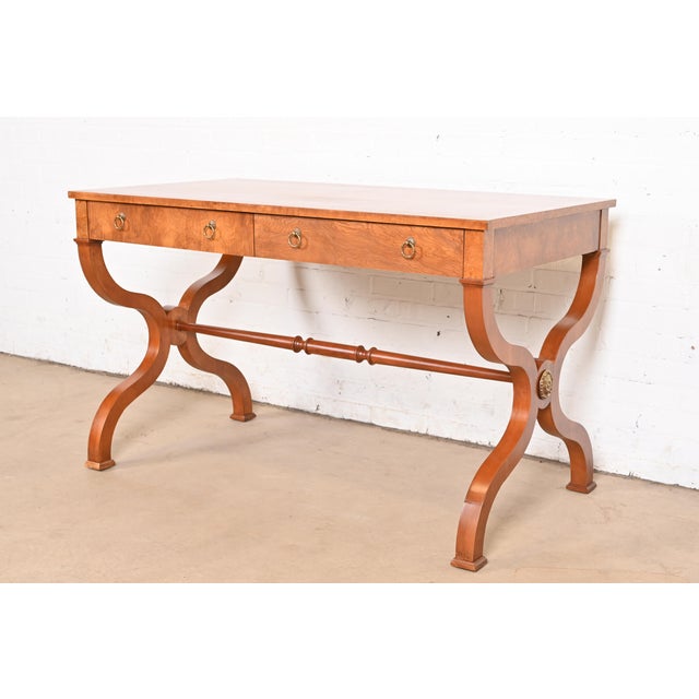 Baker Furniture Company Baker Furniture Regency Burl Wood Writing Desk or Library Table, Newly Refinished For Sale - Image 4 of 12