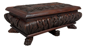 Antique Carved Wooden Chest with Mythological Creatures and Lion Feet, 20th Century