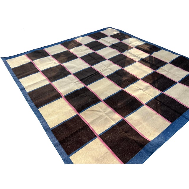 Handmade Reversible Cotton Vegetable Dyed Cream, Brown and Blue Checker Board Area Rug-8'x8' For Sale - Image 6 of 12