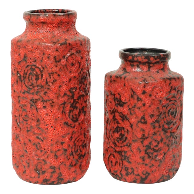 Red Fat Lava Vases from Scheurich Jura, West Germany, 1960s, Set of 2 For Sale