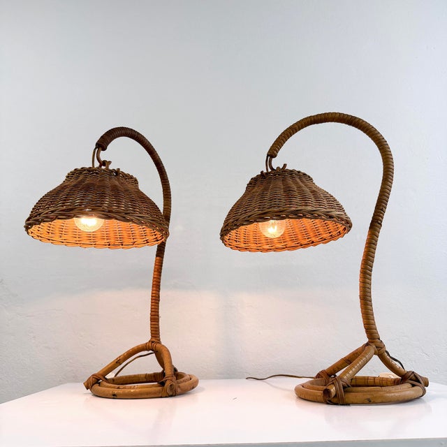 Wicker Bedside Lamps, Italy, 1960s, Set of 2 For Sale - Image 6 of 12