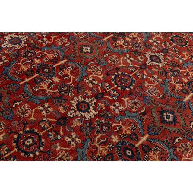 1940s Mid-Century Persian Mahal Rug Hand-Knotted Wool Red & Navy Allover Floral Design For Sale - Image 5 of 10