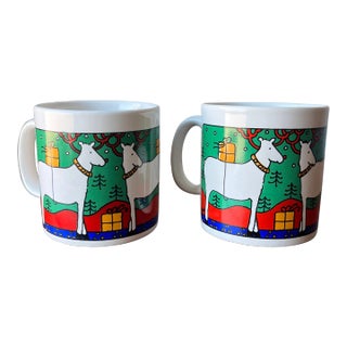 Vintage 1980’s Fpc England Alan Wood Reindeer Mugs- Set of 2 For Sale