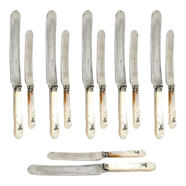 Victorian English Mother-of-Pearl Coat of Arms Knives, Set of 12 For Sale