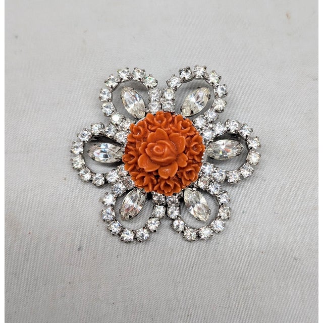 Metal Vintage 1950s Signed Kramer Carved Faux-Coral & Clear Rhinestone Brooch For Sale - Image 7 of 7