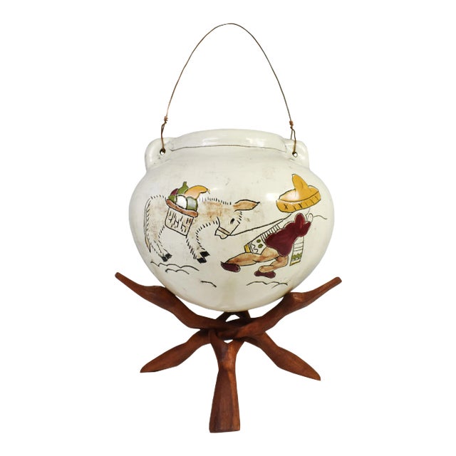 Vintage Handmade Hand-Painted Mexican Pottery Vessel Pot Vase on Wooden Tripod Base For Sale