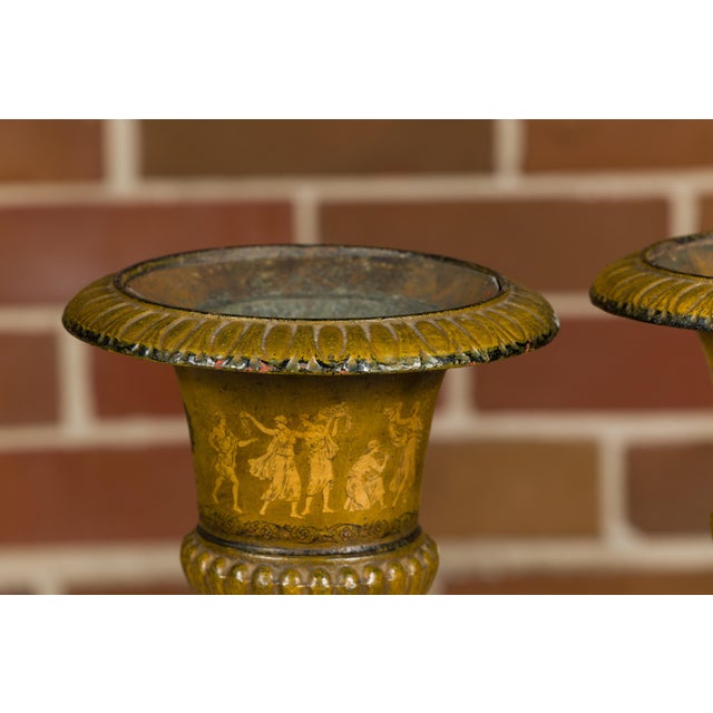 Early 20th Century Pair of Neoclassical Style Iron Planters with Liners and Mythological Figures For Sale - Image 4 of 12