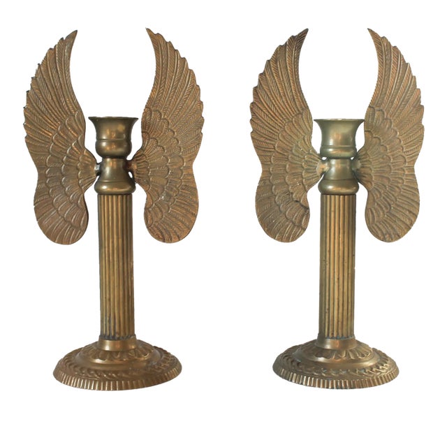 Vintage Brass Angel Wing Candle Holders - a Pair For Sale