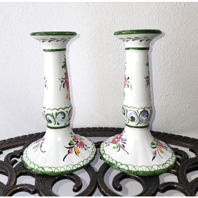 Vintage Portugal Floral Ceramic Candle Holders - A Pair For Sale - Image 4 of 8
