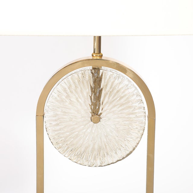 Mid 20th Century Mid-Century Brass Arch Floor Lamp W/ Textured Glass Medallion & White Marble For Sale - Image 5 of 13