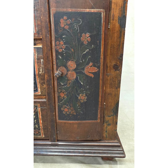 Wood Antique Romanian Folk Painted Pine Cupboard With Drawers and a Door For Sale - Image 7 of 14