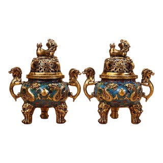 Pair of Vintage Chinese Cloisonné Enamel & Gilt Bronze Dragon Censers / Incense Burners For Sale