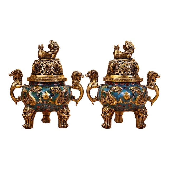 Pair of Vintage Chinese Cloisonné Enamel & Gilt Bronze Dragon Censers / Incense Burners For Sale
