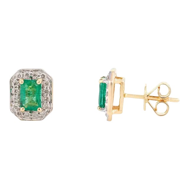 14k Gold Emerald Halo Diamond Stud Earrings - 2 Peices For Sale