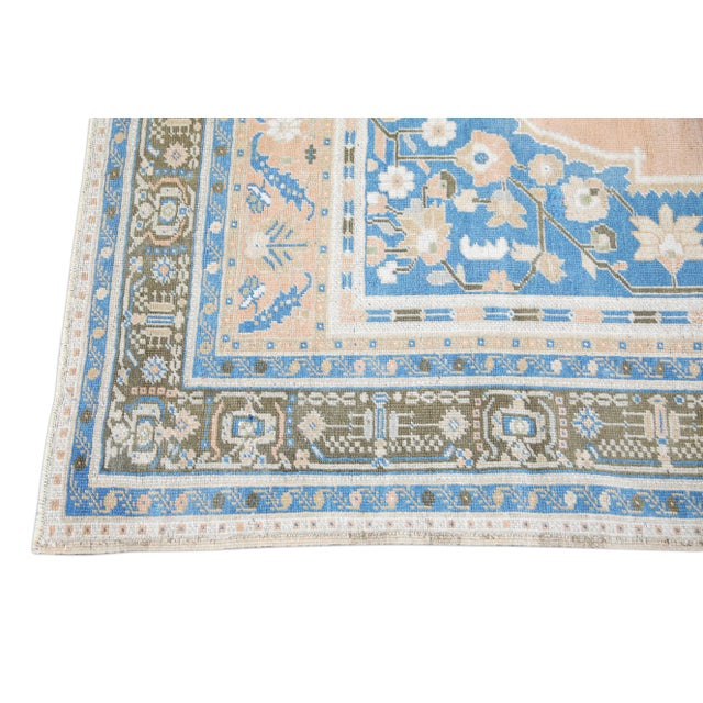 Early 21st Century Turkish Oushak Rug Blue & Peach Handwoven Wool Rug 5'8" X 8'10" For Sale - Image 5 of 9