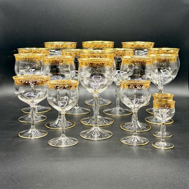 French Belle Époque Hand-Blown and Hand-Gilded Glassware Part Suite, circa 1900–1915 An elegant and increasingly scarce...