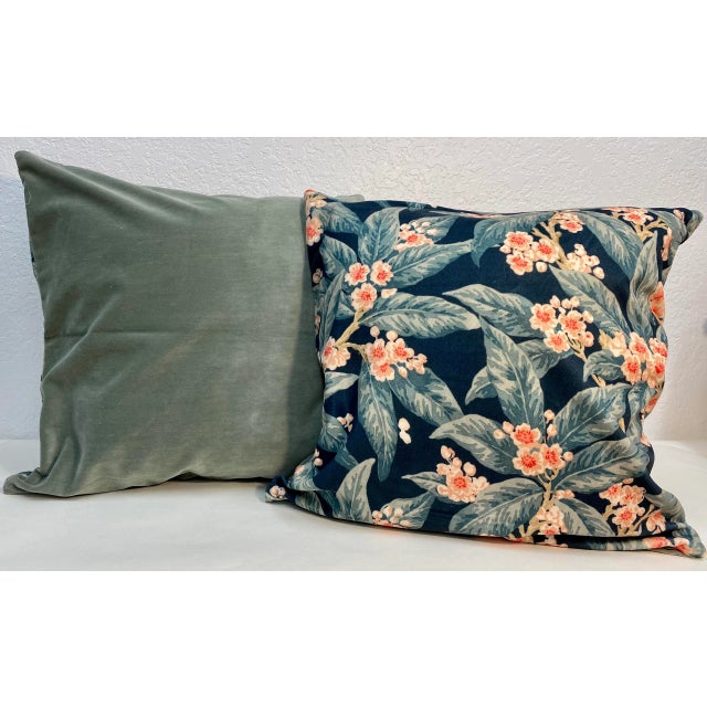 Pair Of 20” Square Pillows With A Green & Pink Velour Floral Pattern -Made In U K. These pillows were made in Wales, U.K.,...