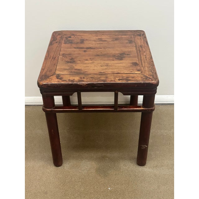 Wood Chinese Antique Square Elm Stool / Table With Round Legs, Circa 1890. For Sale - Image 7 of 15