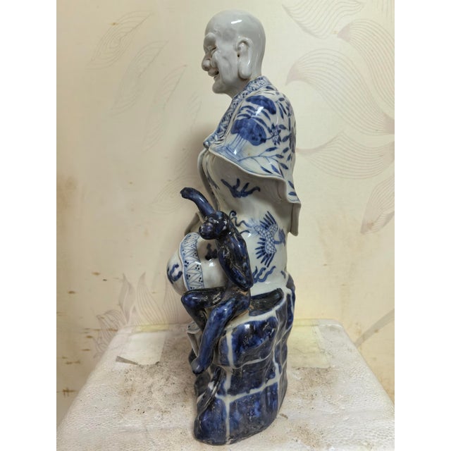 Blue Chinese Vintage Ceramic Buddhist Sculpture,Hand Carved Blue and White Porcelain the Eighteen Arhats Statue For Sale - Image 8 of 11
