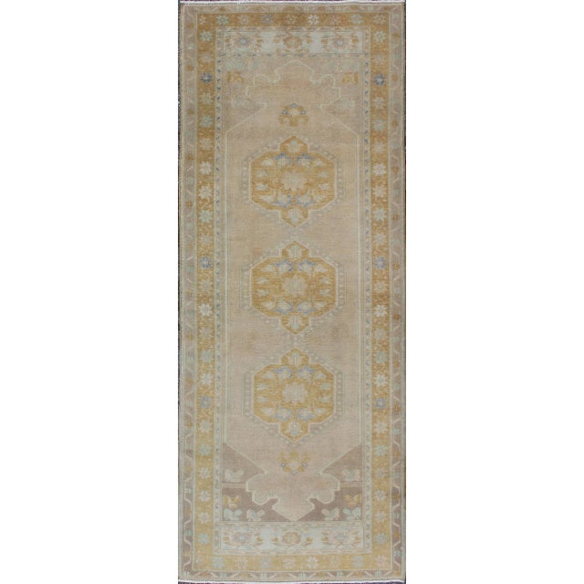 Tan Vintage Turkish Oushak Runner With Floral Medallions For Sale - Image 8 of 8