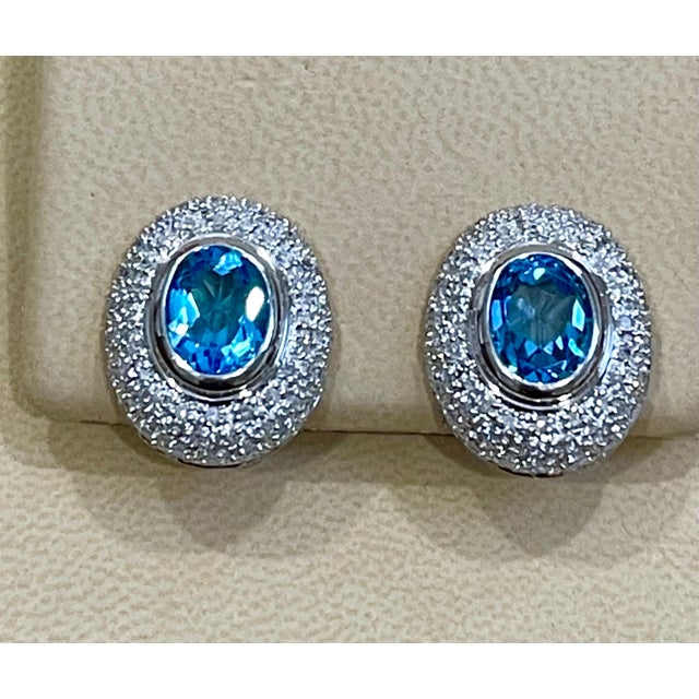 5 Carat Oval Shape Blue Topaz and Diamond Omega Back Clip Earring 14 Karat Gold For Sale - Image 18 of 18