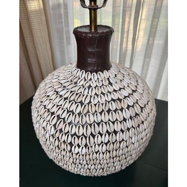 South Pacific Cowrie Sea Shell Encrusted Table Lamps Ikat Style Shades - A Pair For Sale - Image 9 of 12