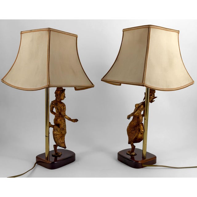 Sculptural Table Lamps in Gilded Bronze Representing Dancers, Thailand, 20th Century, Set of 2 For Sale - Image 12 of 16