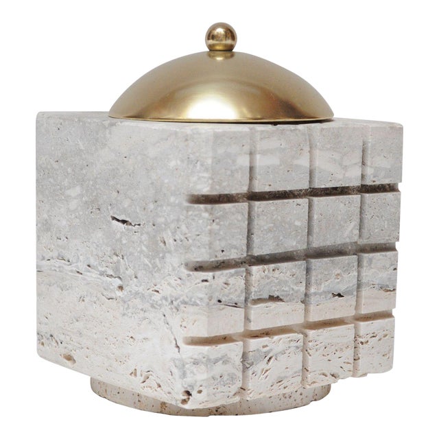 Vintage Italian Travertine and Brass Decorative Cube Box by Passeri for Ark Line For Sale