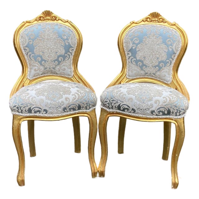 1950s French Louis XVI Gold Beech Damask Side Chairs - Pair For Sale