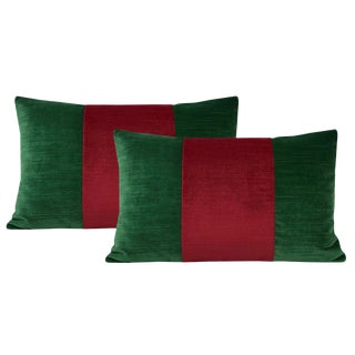 12"x18" Malachite Green and Christmas Red Strie Velvet Lumbar Pillows - a Pair For Sale