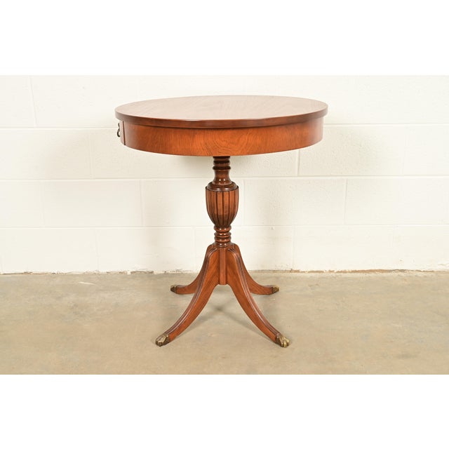 Baker Furniture Style Georgian Carved Walnut Pedestal Drum Side Table or Tea Table, Circa 1960s For Sale - Image 11 of 13