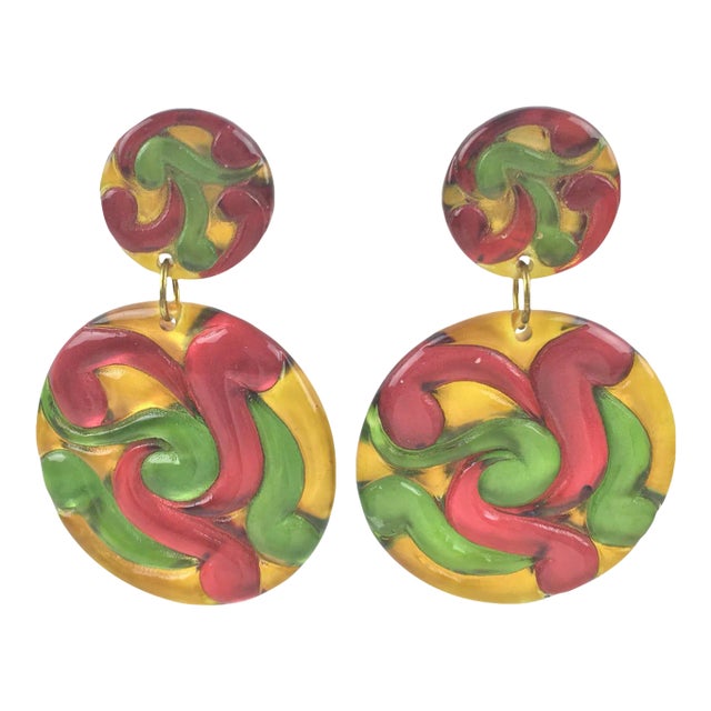 Multicolor Lucite Dangle Disk Pair of Clip Earrings For Sale