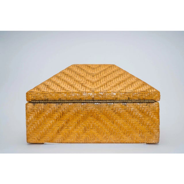 Wood Vintage Woven Leather and Wood Hinged Monumental Box Rattan Style Pagoda Style For Sale - Image 7 of 15