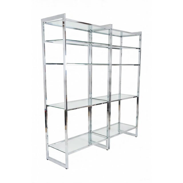 Rare identical pair of tall Mid-Century Modern display étagères with polished chrome frames and five graduated smoked-...